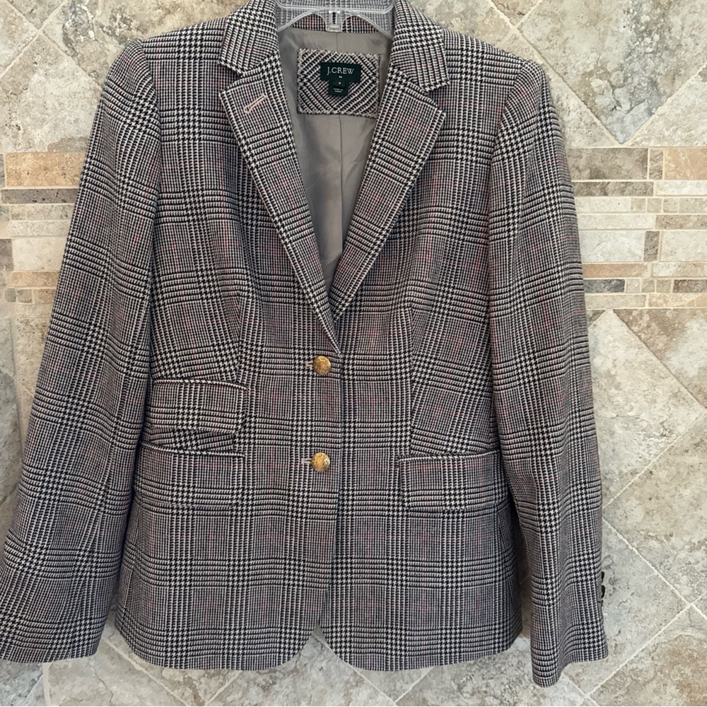 J CREW woman’s Blazer Wool Plaid Size 4 black Brown Houndstooth elbow pad